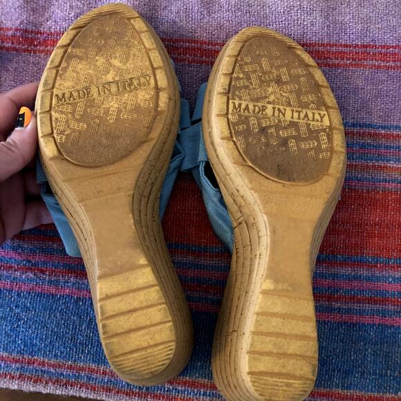 Vintage Italian Shoemakers Wedge Sandals Size 8 Blue Fabric Cork 90s Y2K - Picture 8 of 11